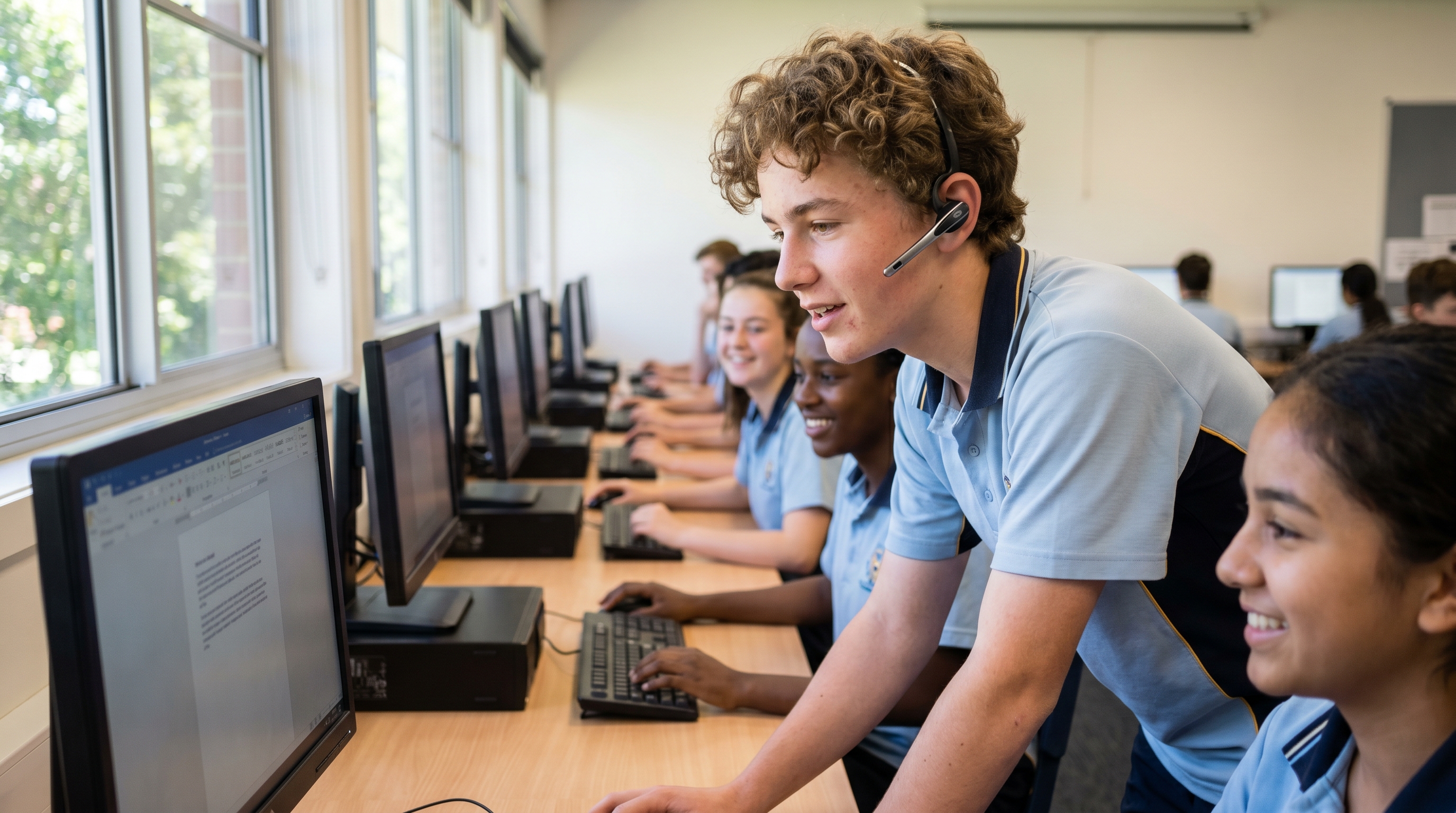Secondary school students aged 14 to 16 using speech recognition in a school computer lab, one student dictating with a headset