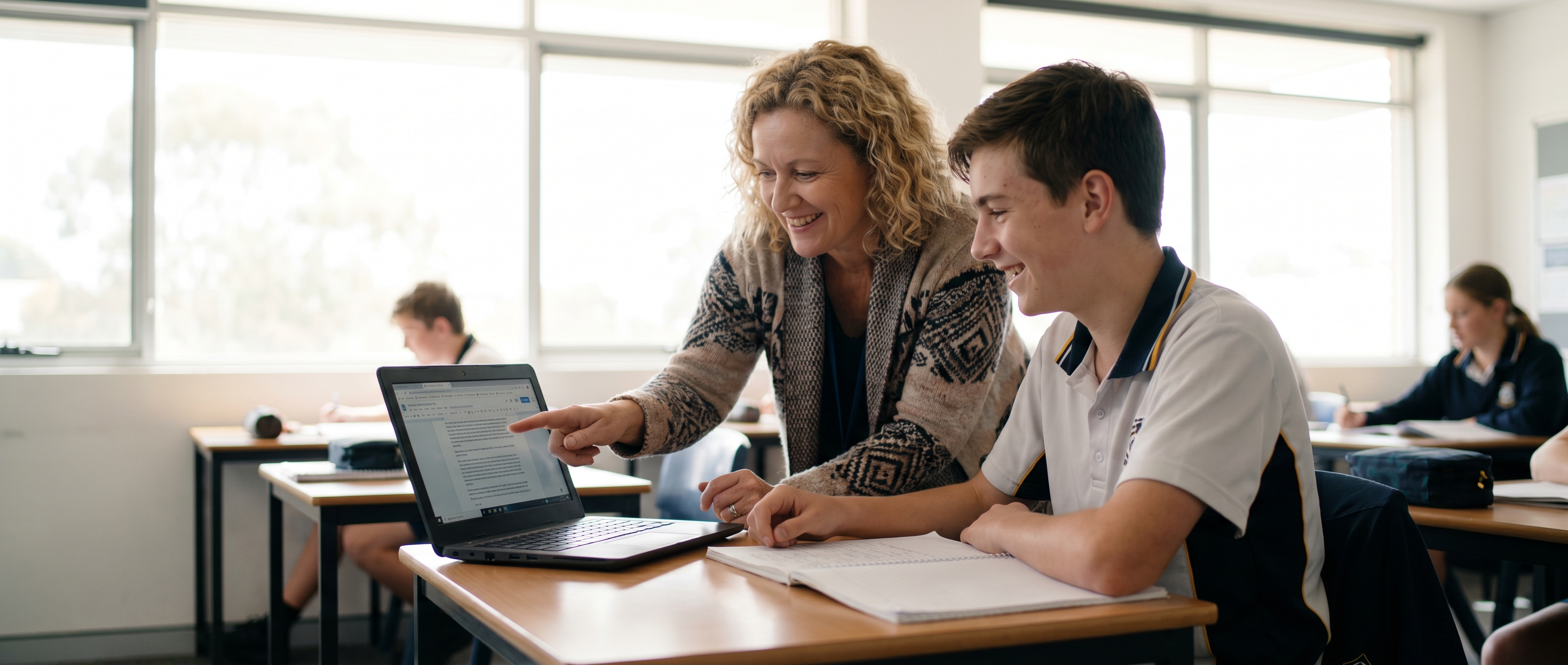Teacher helping a secondary student review dictated text on a laptop in class