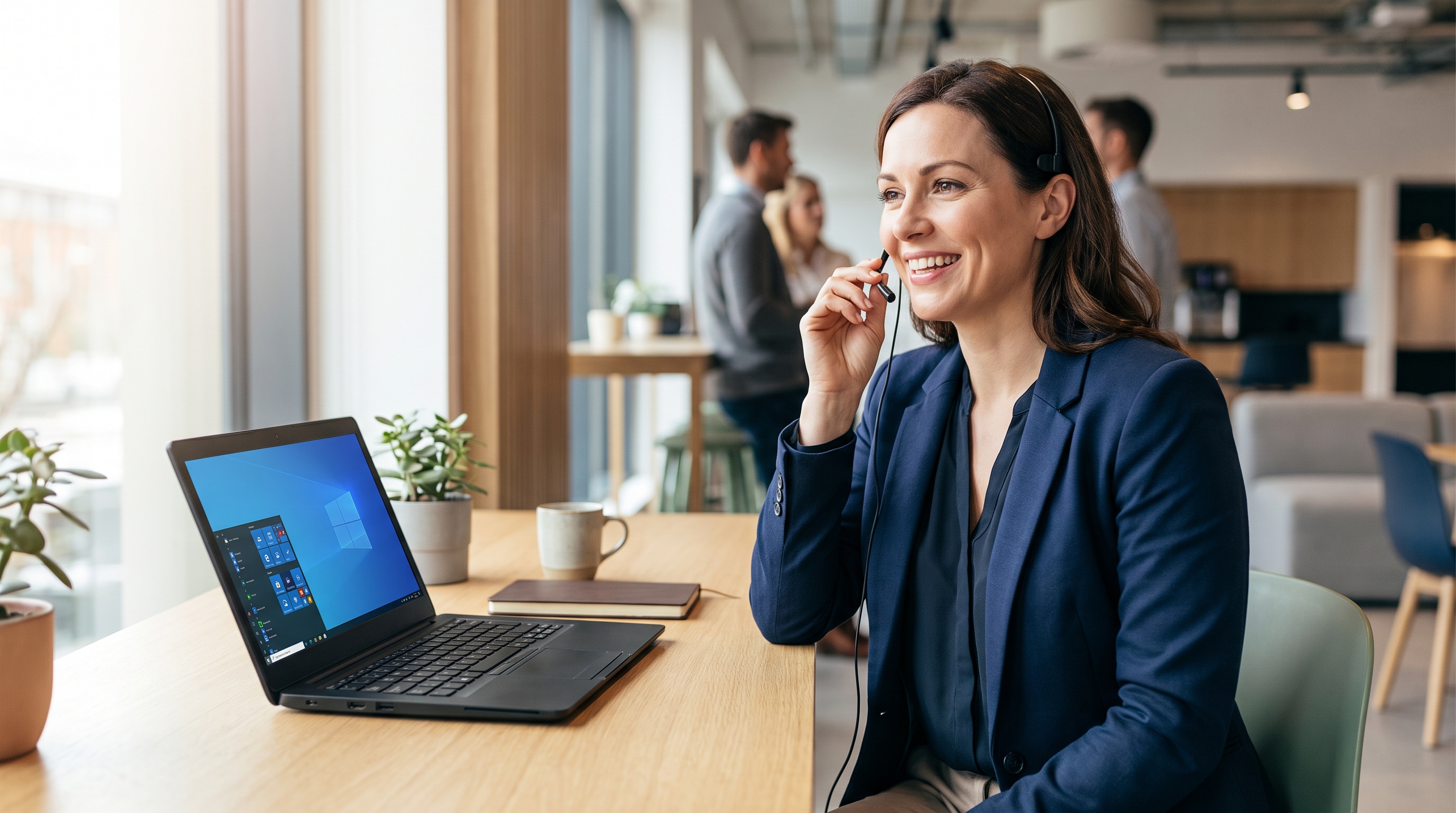 Professional smiling while dictating into a headset at a Windows laptop