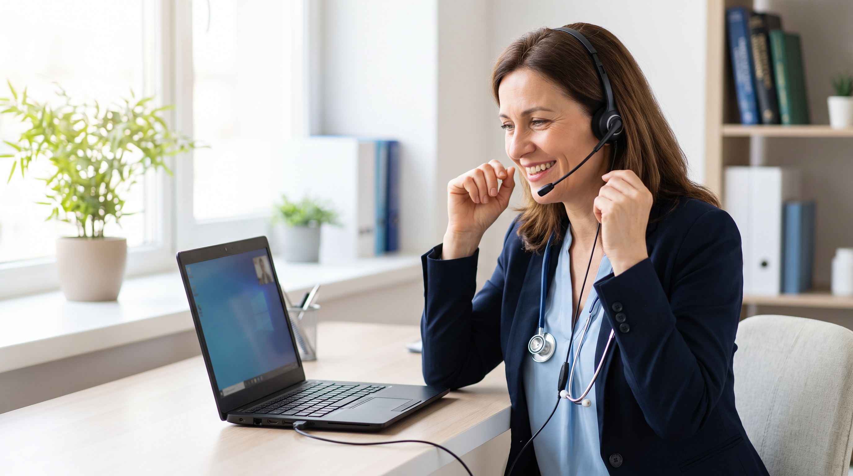 Doctor dictating clinical notes into a headset at a Windows laptop