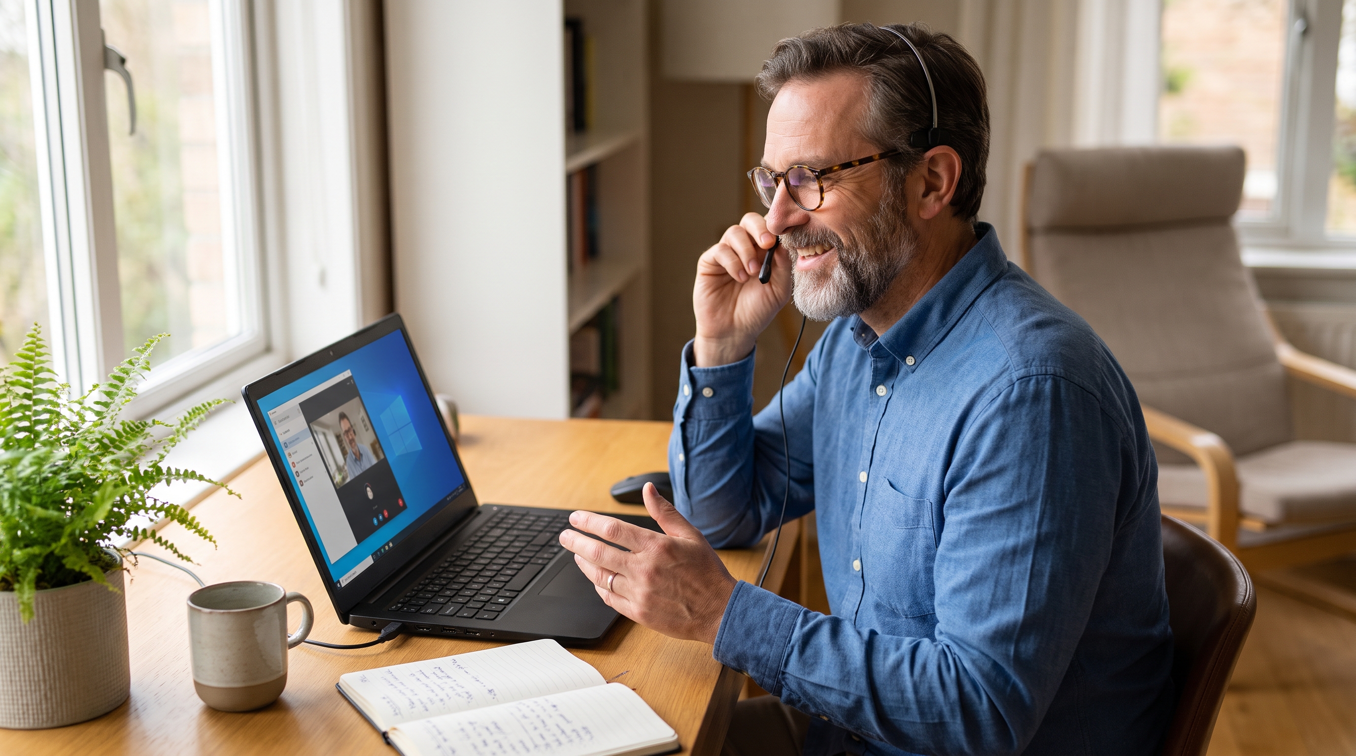 Long-time Dragon user dictating into a headset at a Windows laptop