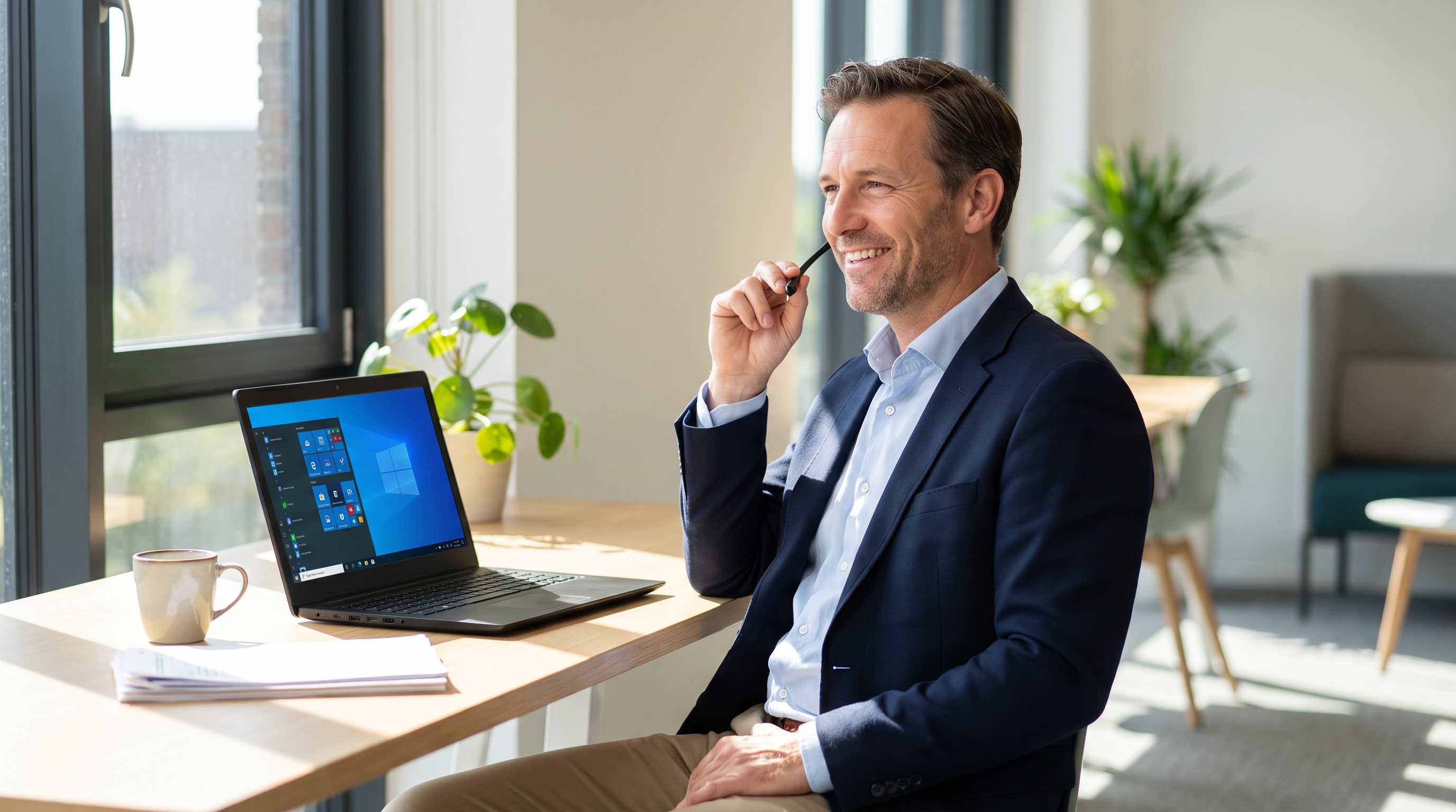 Professional dictating into a headset at a Windows laptop in an office