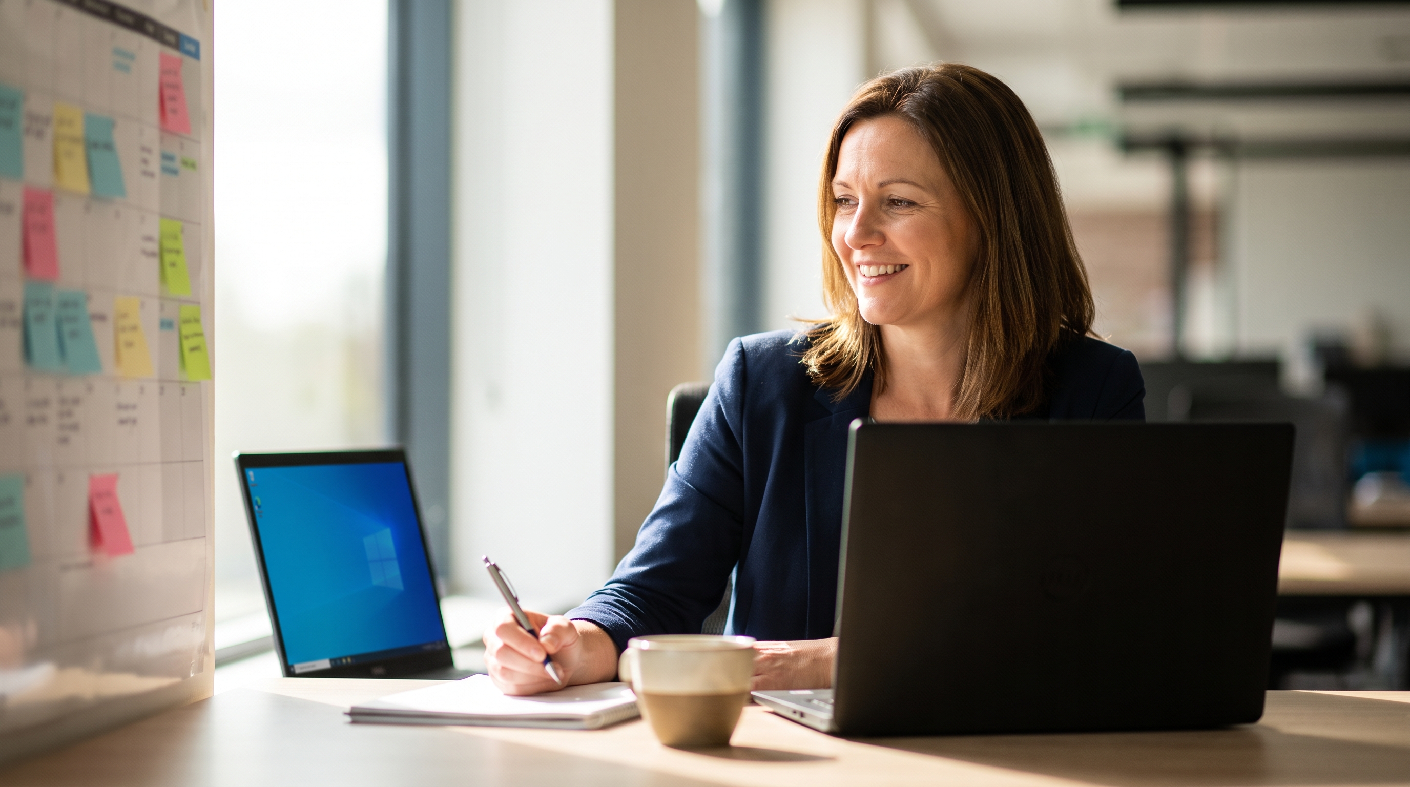 Businesswoman planning ahead at her desk beside a wall planner and a Windows laptop