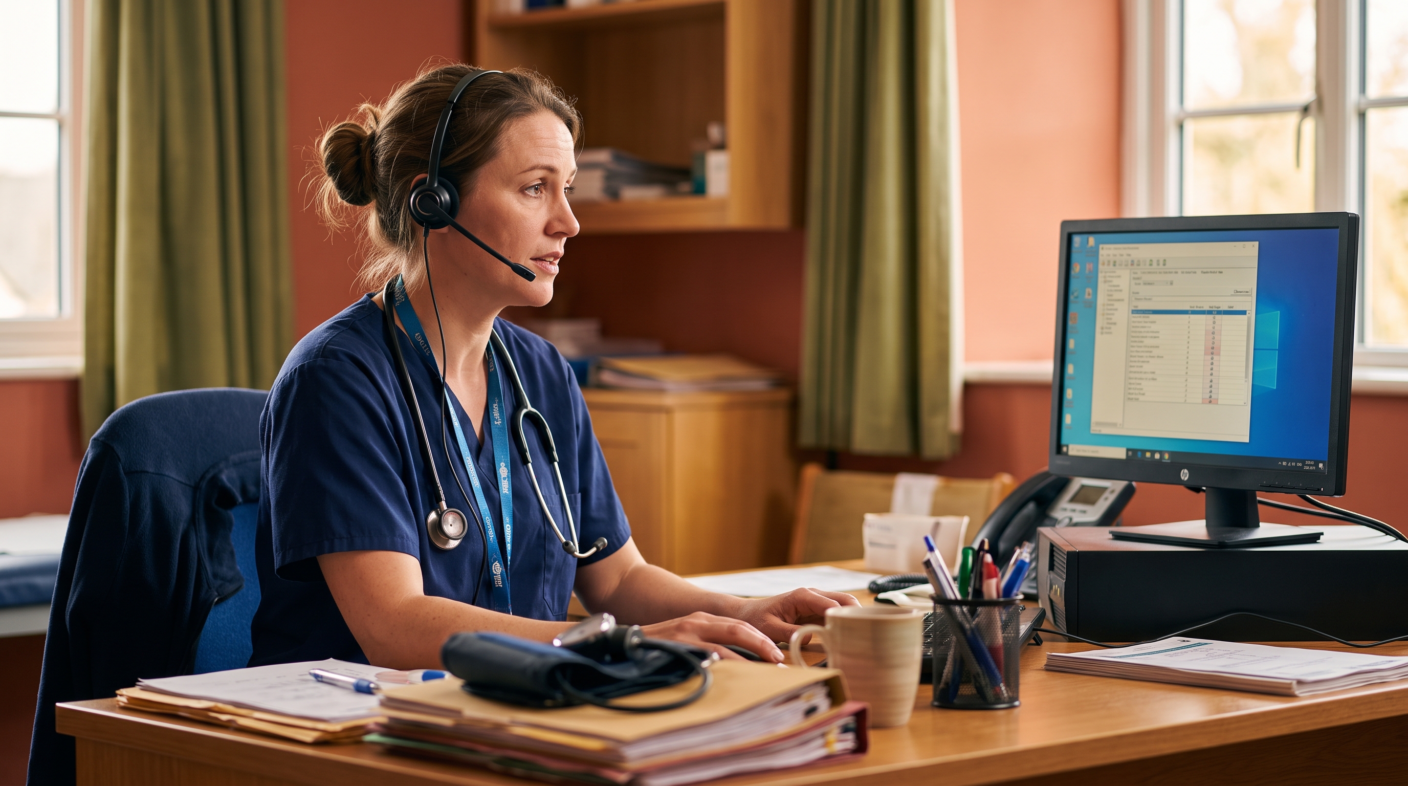 A GP in scrubs dictating clinical notes into her practice software at a busy consulting desk using a headset microphone