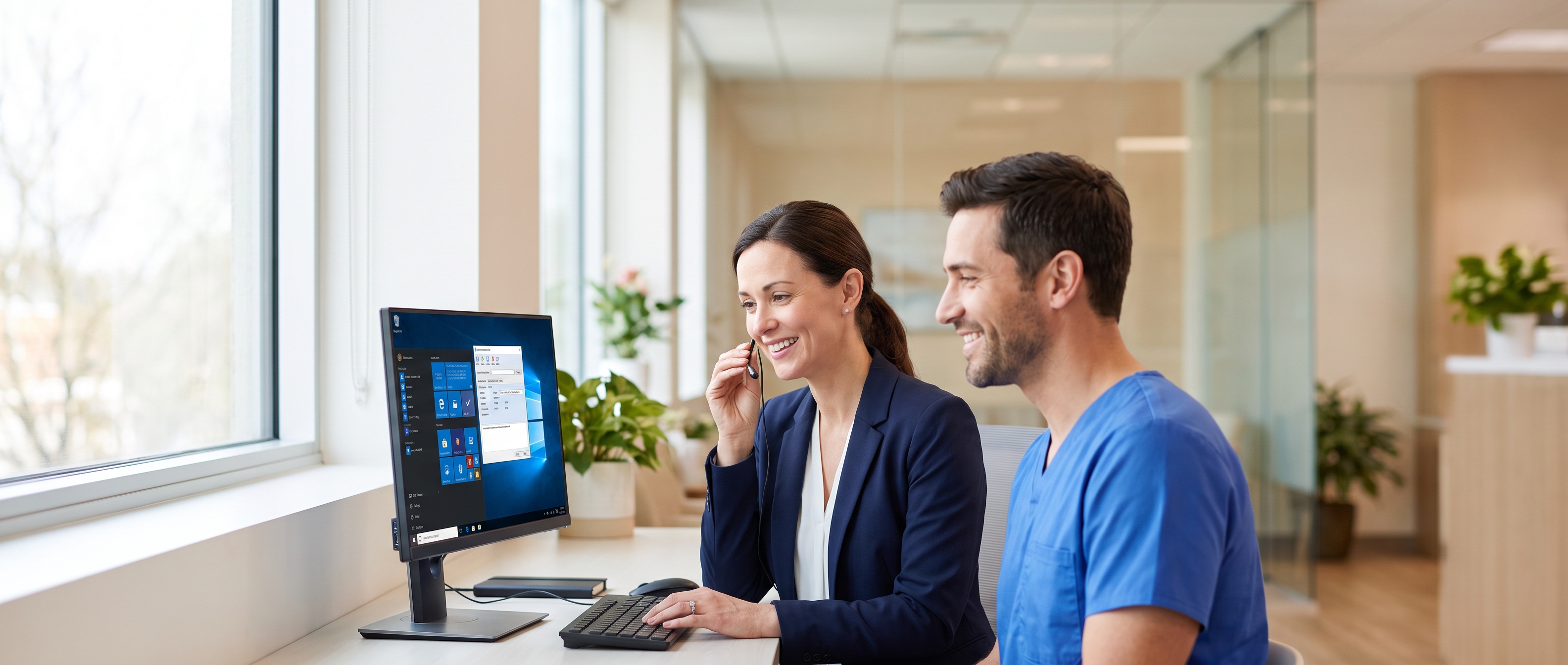 A GP and a practice nurse at a clinic workstation, dictating into a Windows PC with a headset microphone