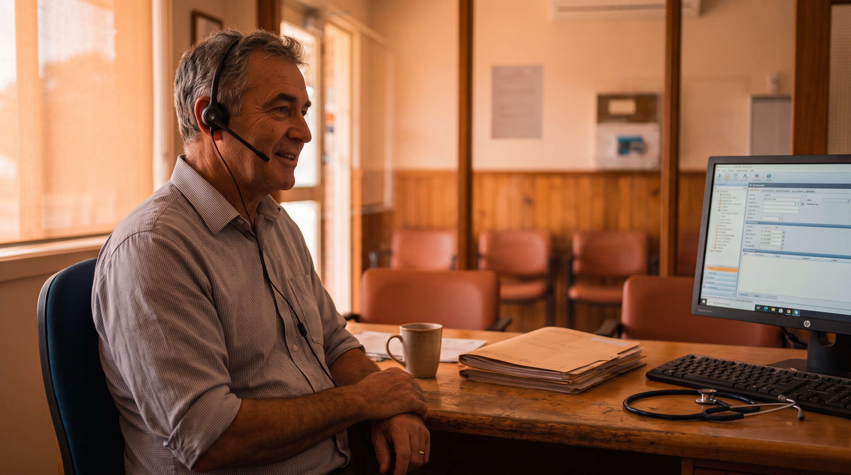 A GP finishing his clinical notes by dictation at the end of a clinic day