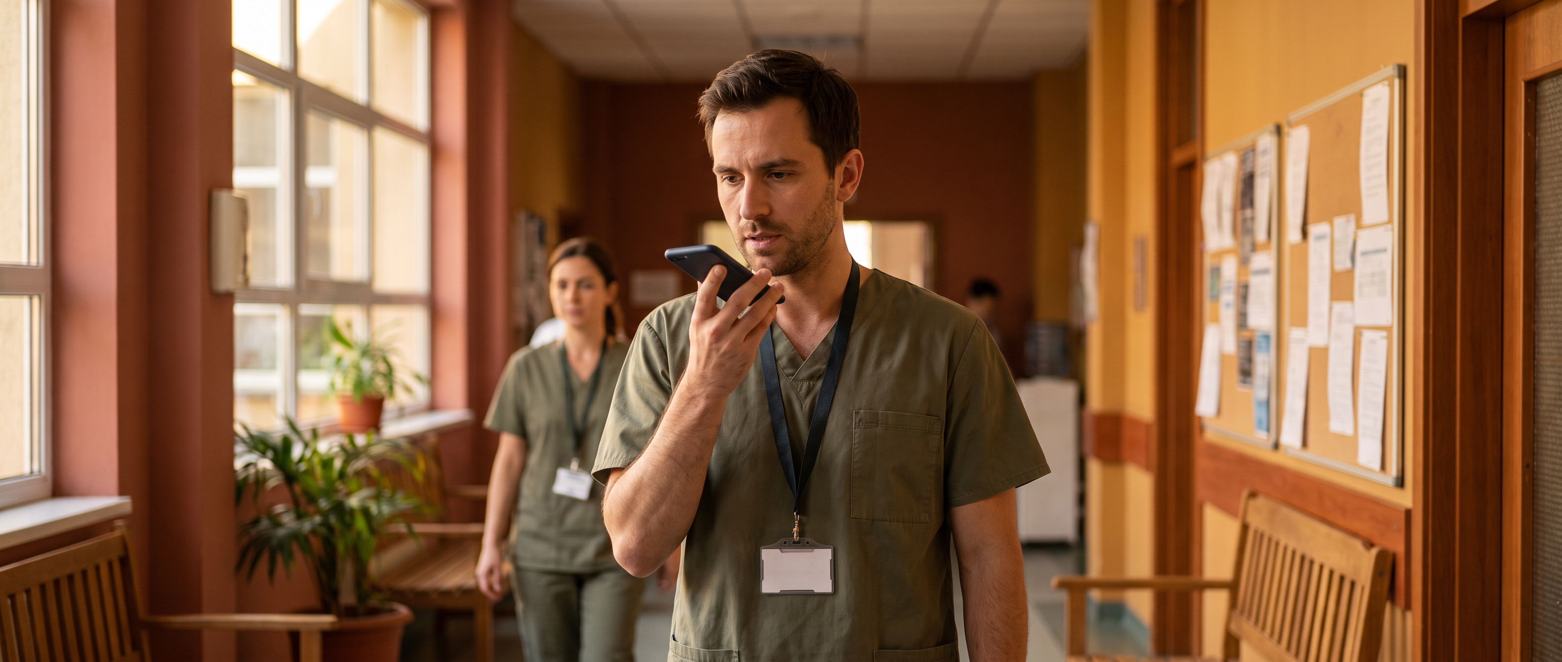 A hospital registrar dictating a ward round note into his phone in a hospital corridor between patients