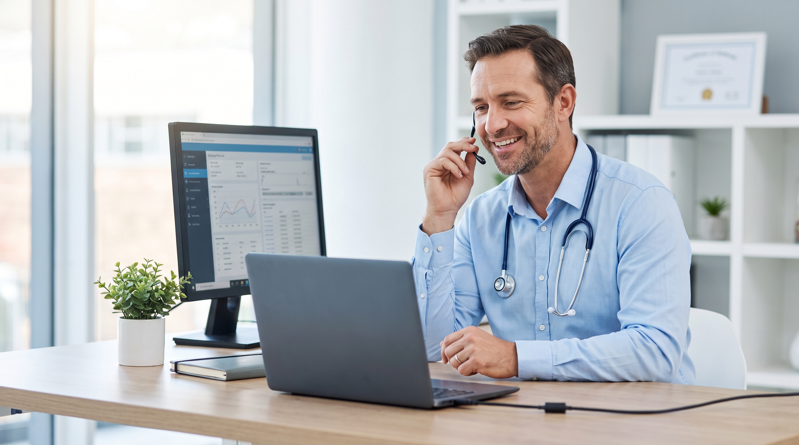 A doctor dictating clinical notes at the cursor into a Windows PC using a headset microphone