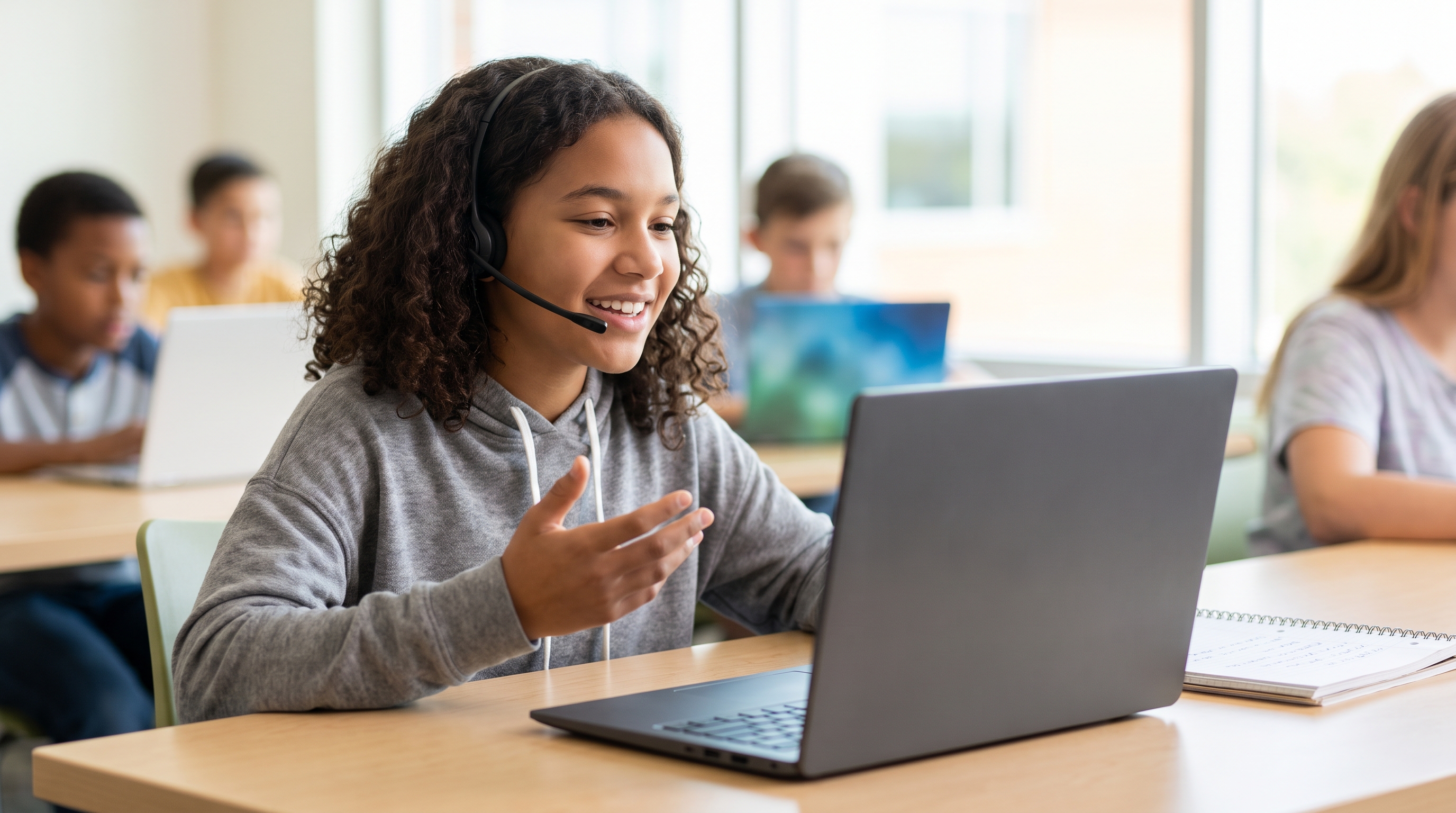 A middle school student dictating an essay into a Windows laptop with a slim headset