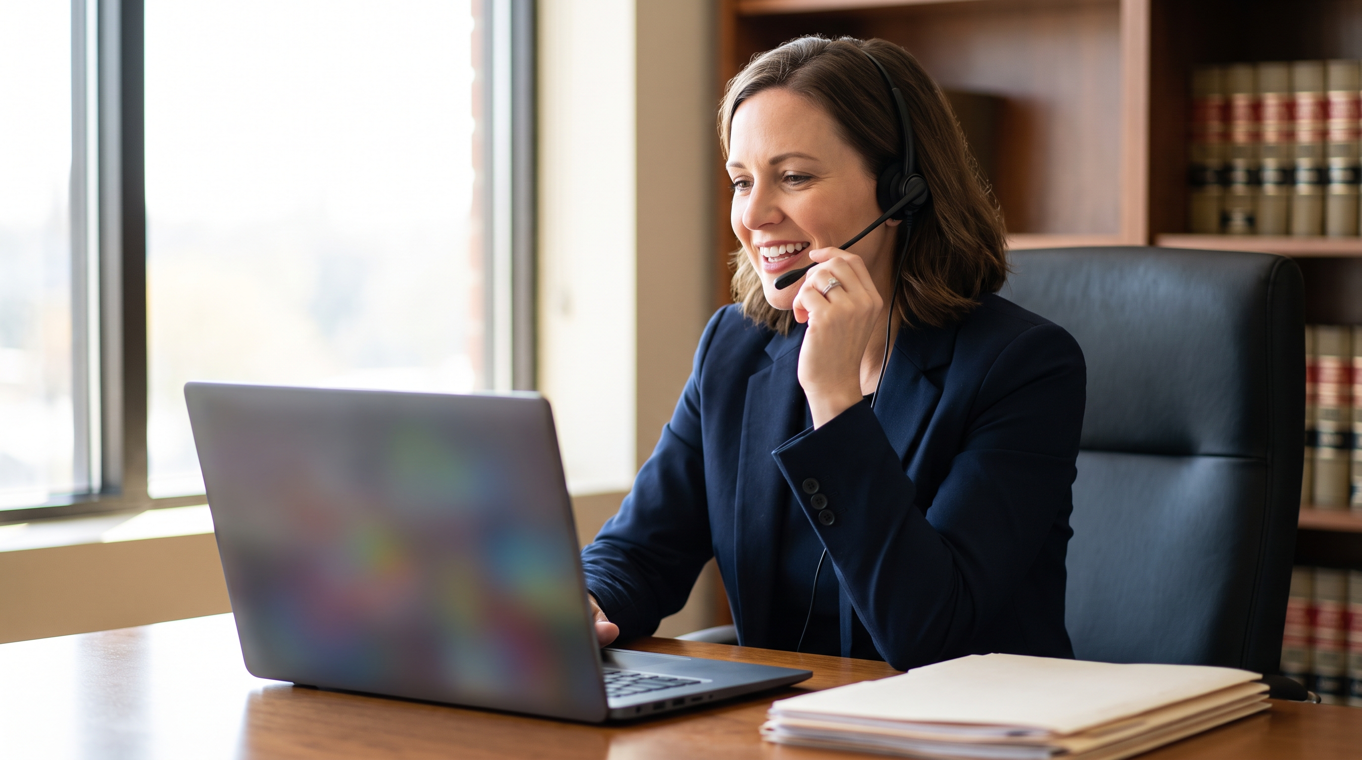 An attorney dictating a letter into a Windows laptop in a law office