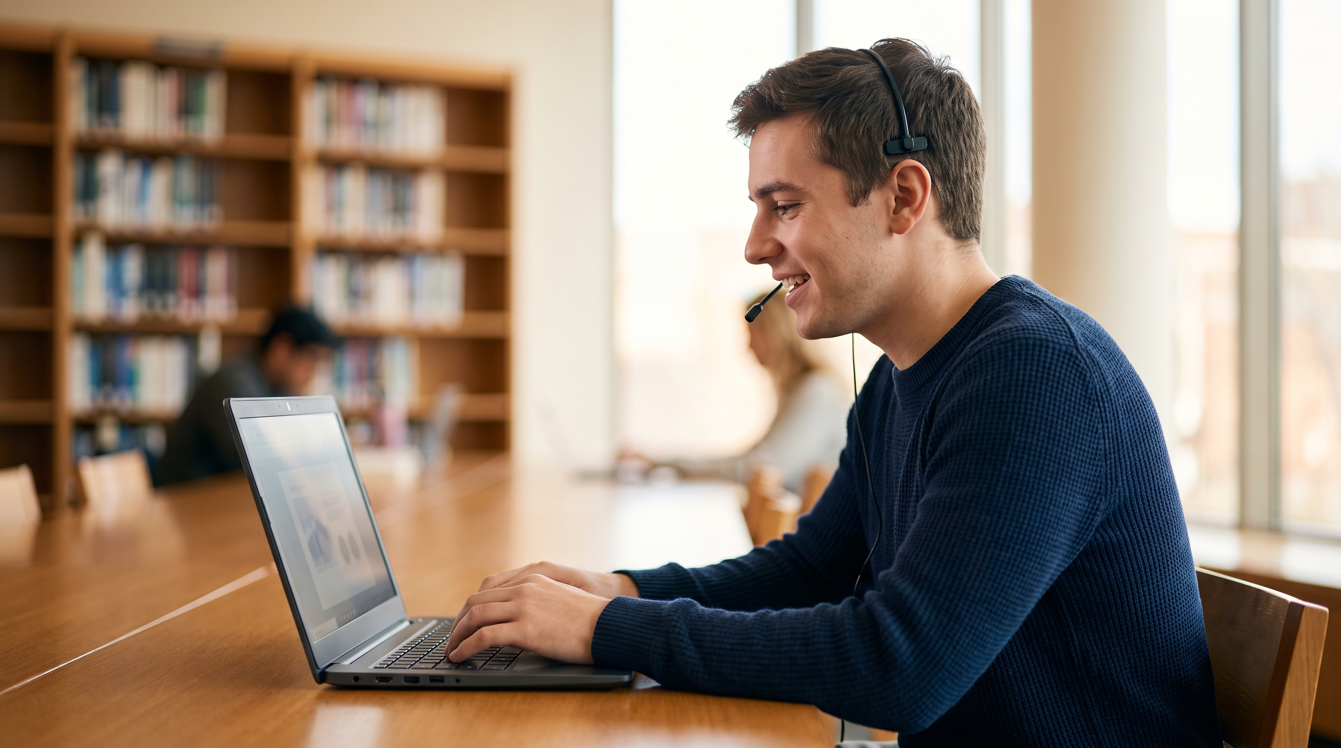 A college student dictating an essay into a Windows laptop in a campus library